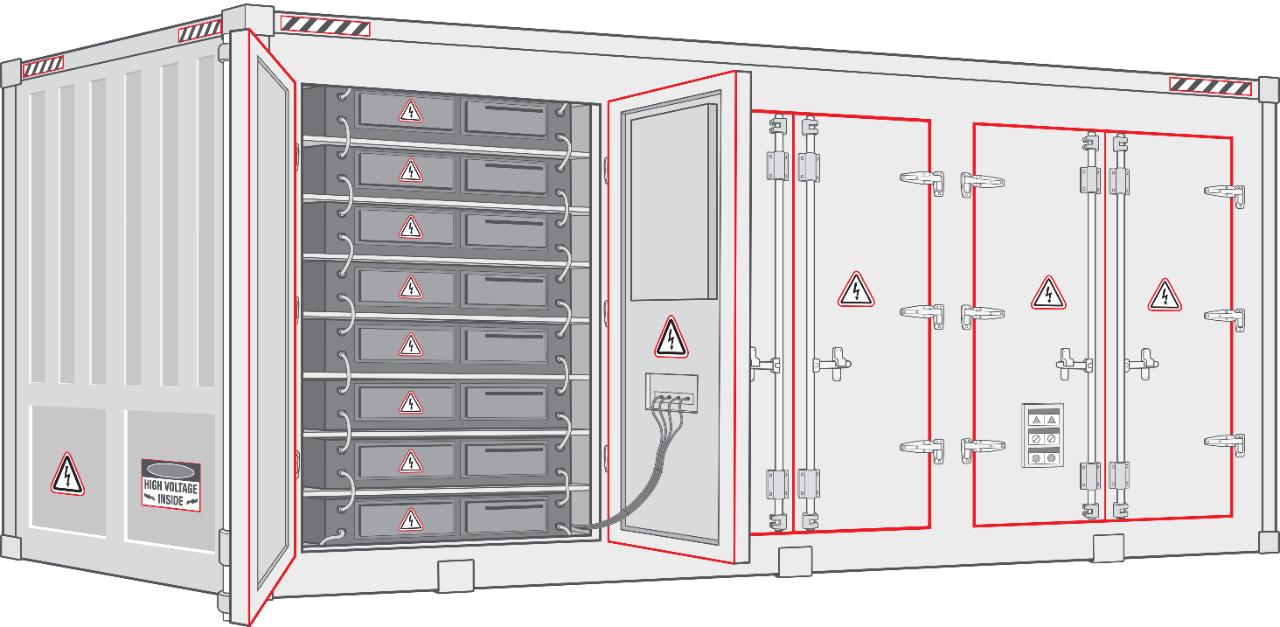 Illustration of a shipping container-style Battery Energy Storage System (BESS) with its doors open, revealing the internal battery equipment.
