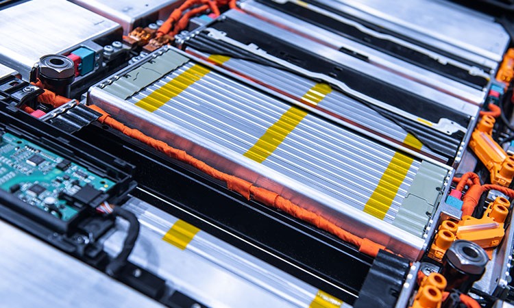 Photo closeup of EV battery cell modules. PSA can help battery makers solve challenges such as flammability and electical arcing.