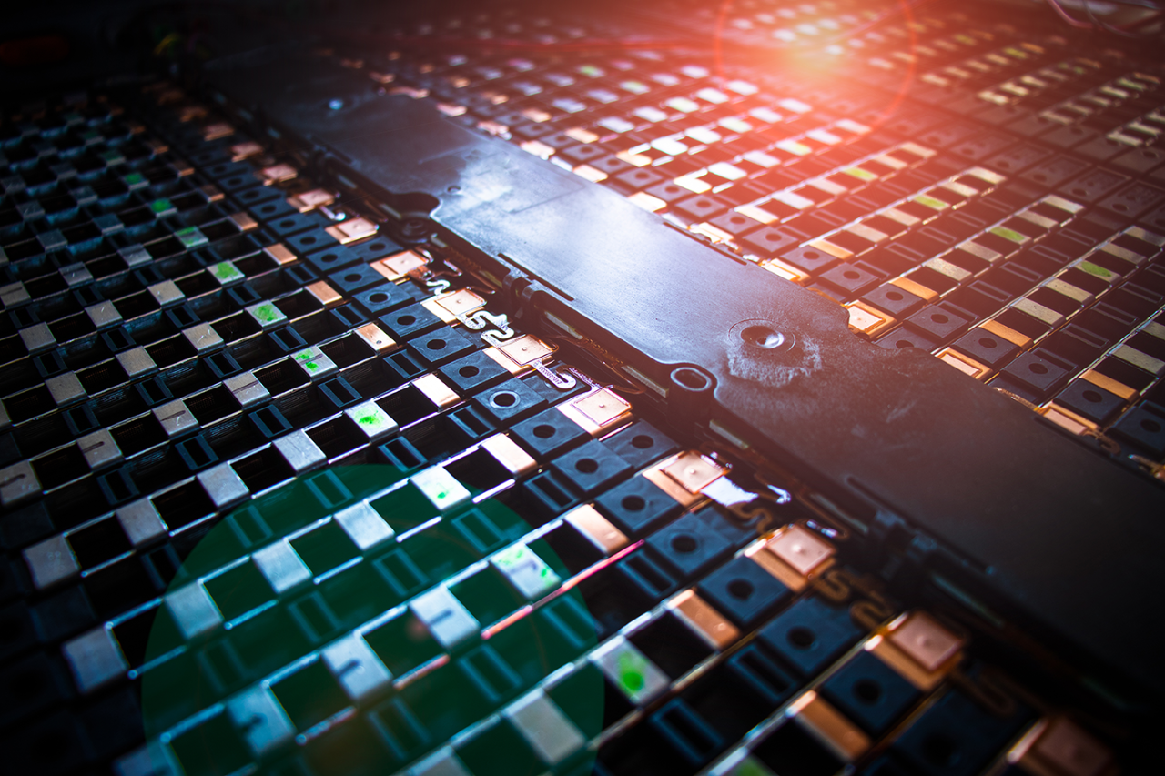 Close up photo of electric vehicle (EV) battery components. The Avery Dennison EV portfolio includes PSA solutions for the industry.