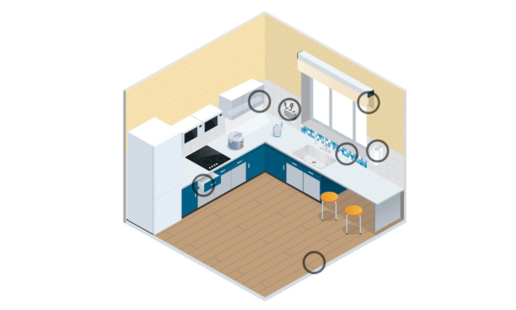 Illustration that highlights some of the many bonding applications for pressure-sensitive adhesive tapes in residential kitchens. 