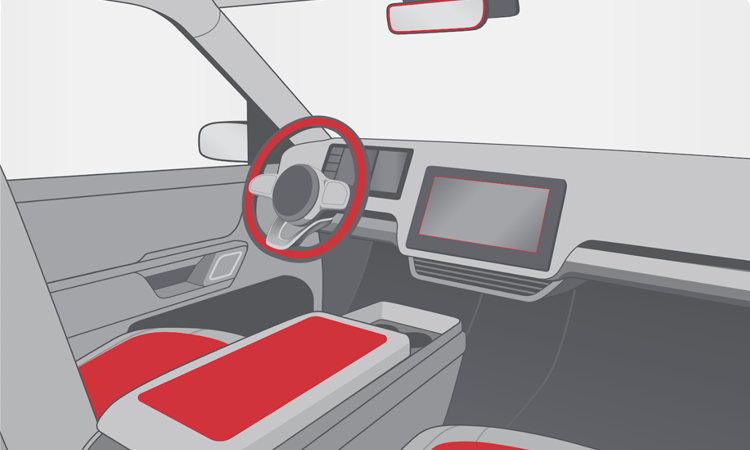 Illustration of a car interior, highlighting areas where PSA tapes may be used to bond seat and steering wheel heating components.