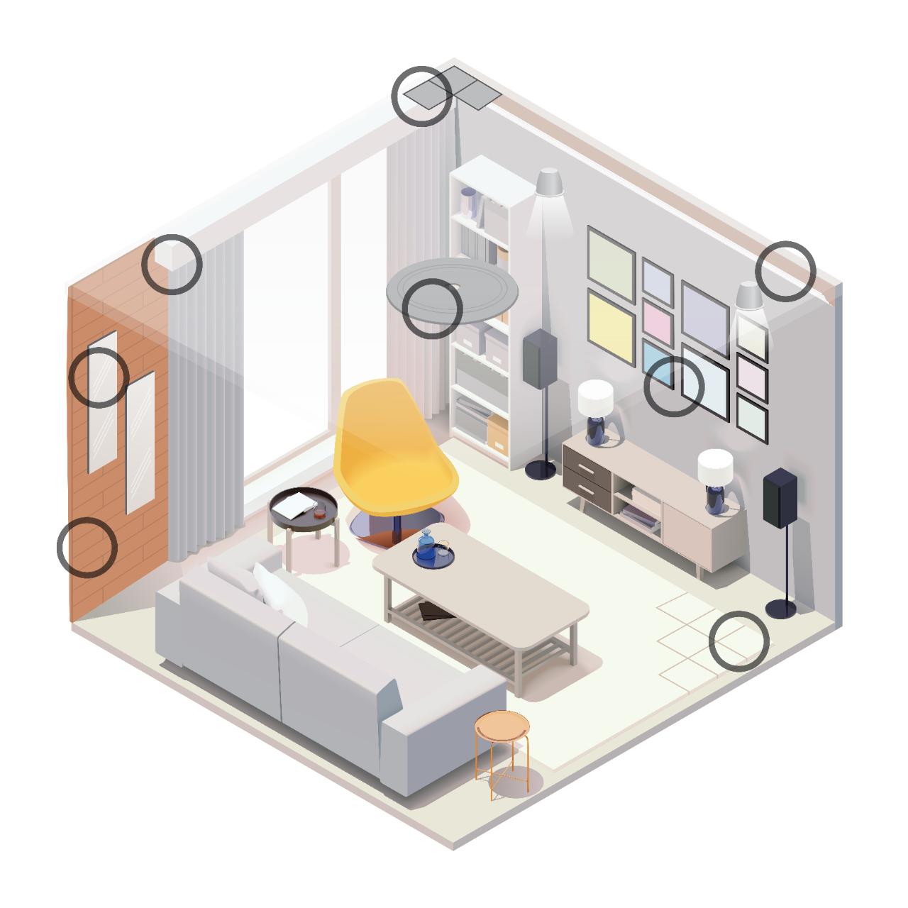 Illustration that highlights some of the many bonding applications for pressure-sensitive adhesive tapes in residential living areas. 