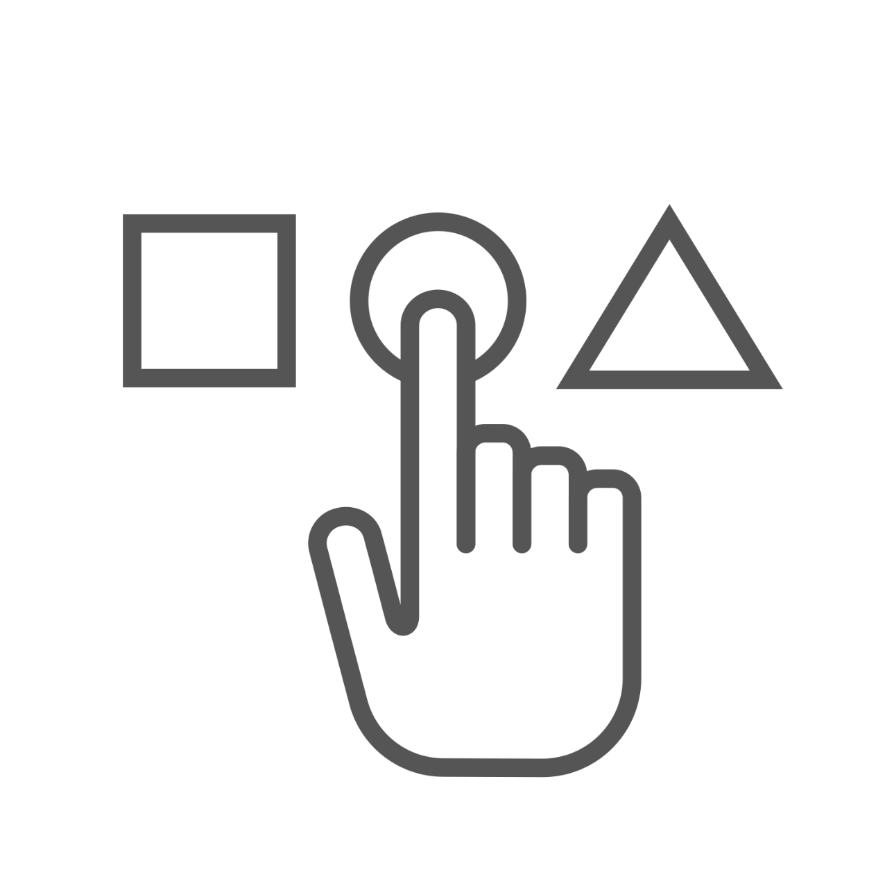 Icon depicting a triangle, circle, and a square, and a finger pointing at the circle, representing a selection of options.