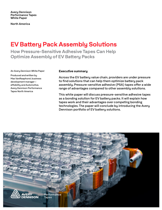 Image of the first page of an Avery Dennison white paper about pressure-sensitive tape-based EV battery pack assembly solutions. 